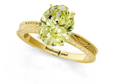 Yellow gold Fancy Yellow Oval Cut Solitaire Milgrain Engraved Band with Four-Prong Setting_1