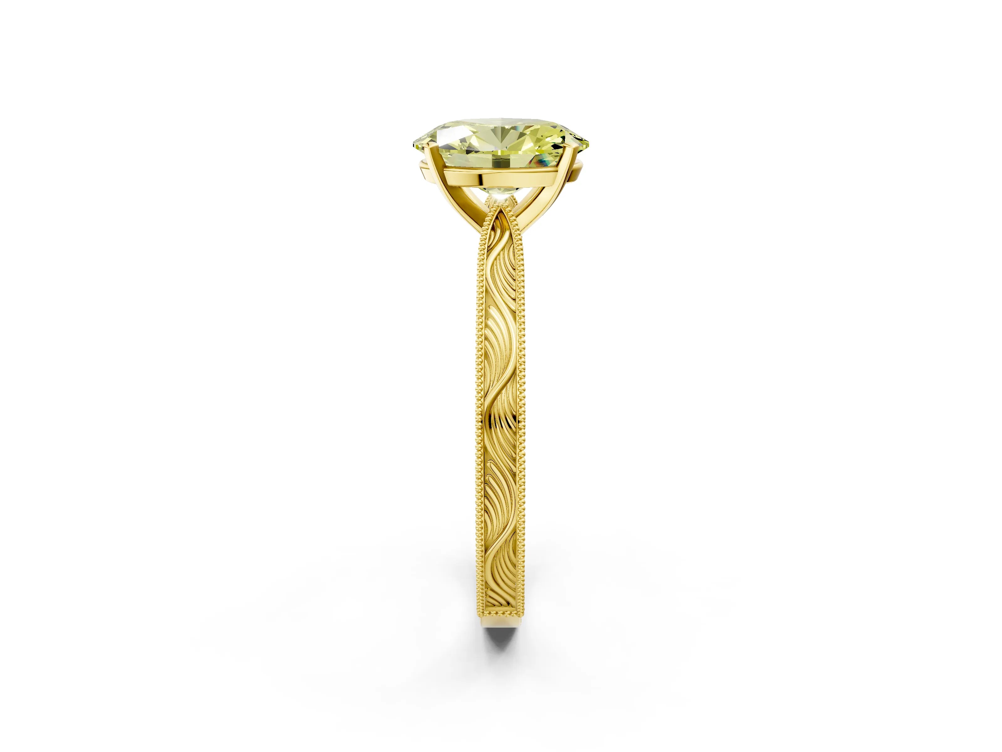 Yellow gold Fancy Yellow Oval Cut Solitaire Milgrain Engraved Band with Four-Prong Setting_2