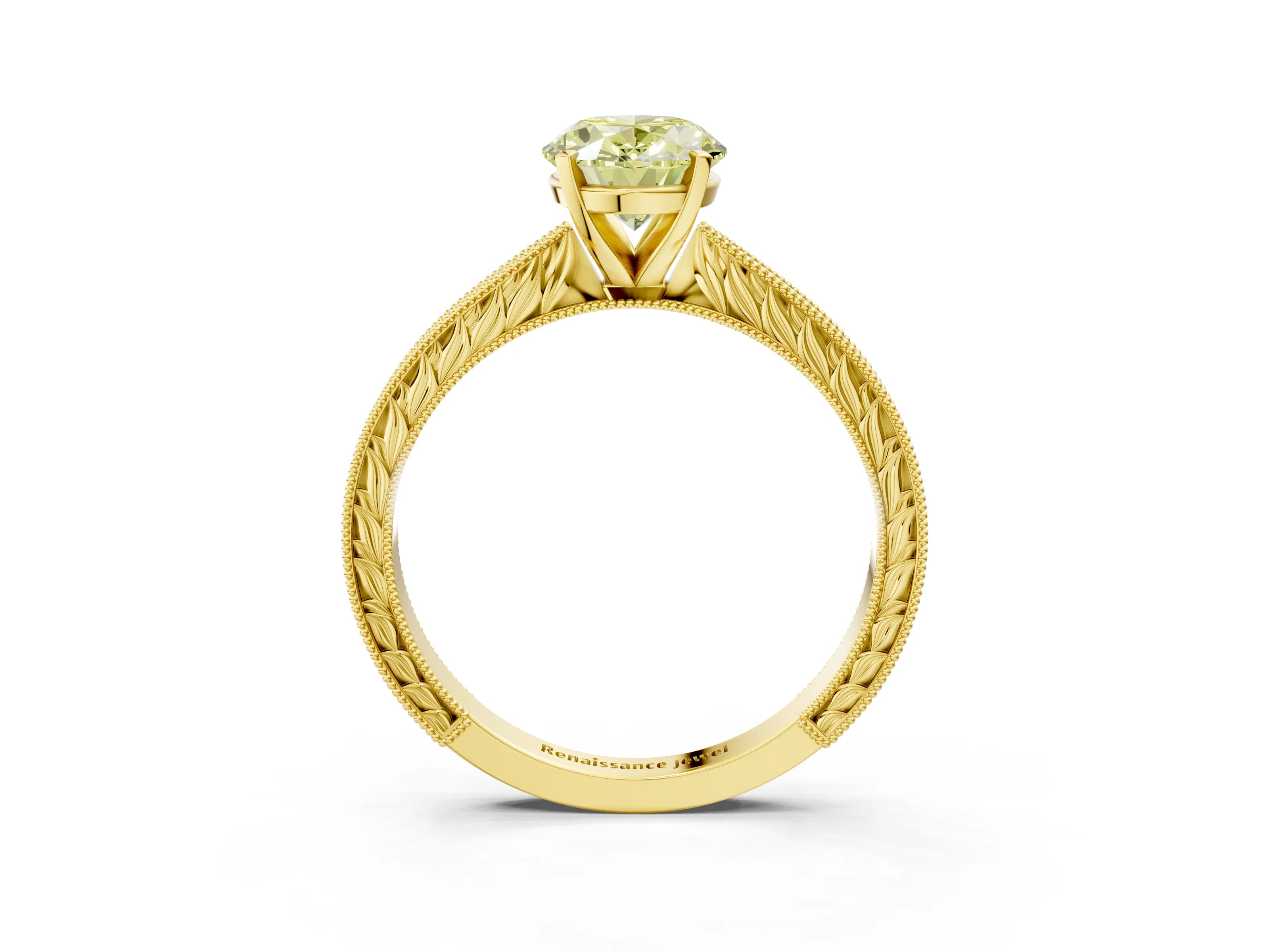 Yellow gold Fancy Yellow Oval Cut Solitaire Milgrain Engraved Band with Four-Prong Setting_3