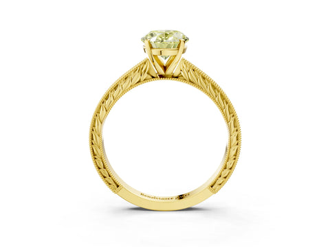 Yellow gold Fancy Yellow Oval Cut Solitaire Milgrain Engraved Band with Four-Prong Setting_3