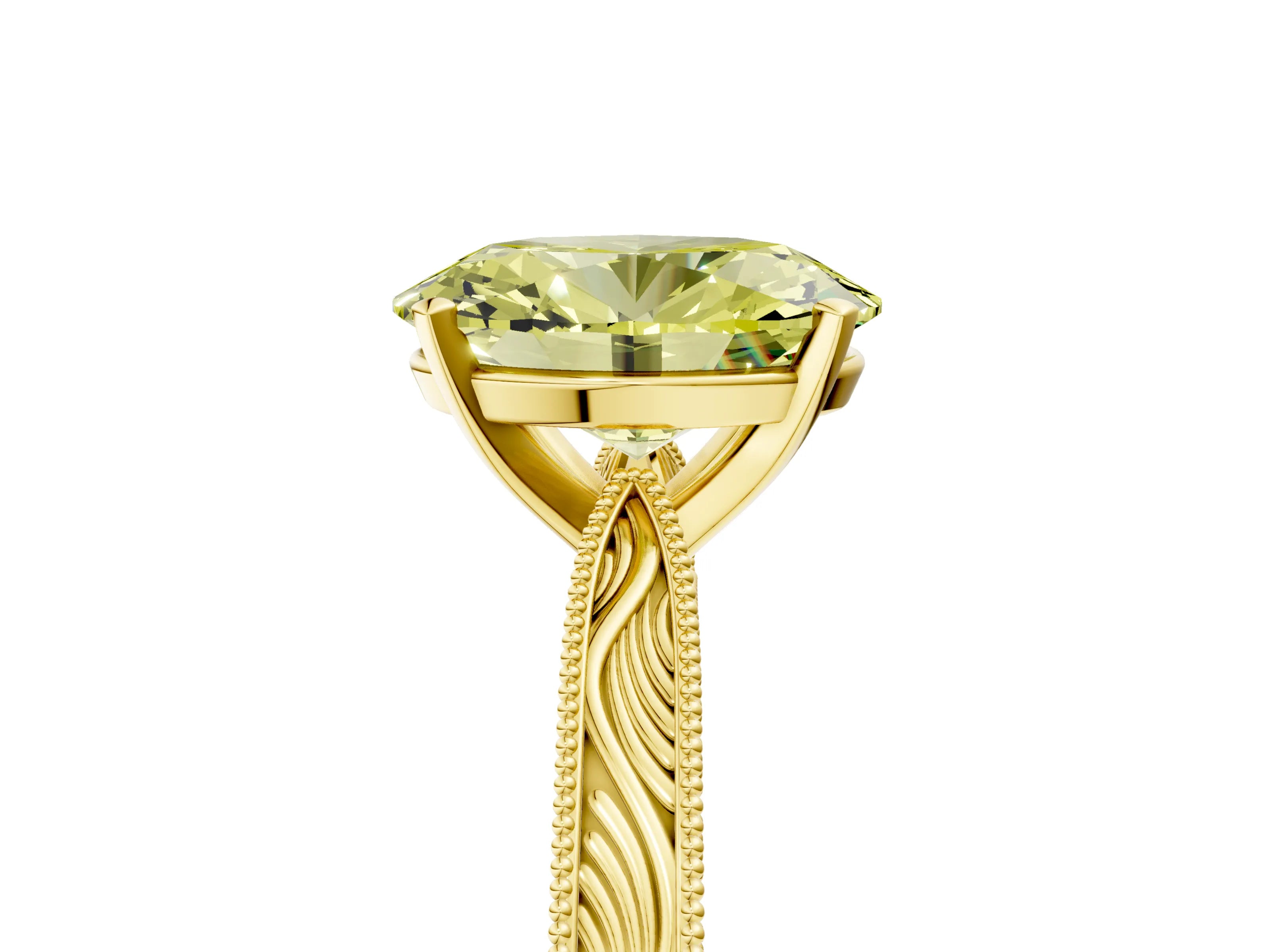 Yellow gold Fancy Yellow Oval Cut Solitaire Milgrain Engraved Band with Four-Prong Setting_5
