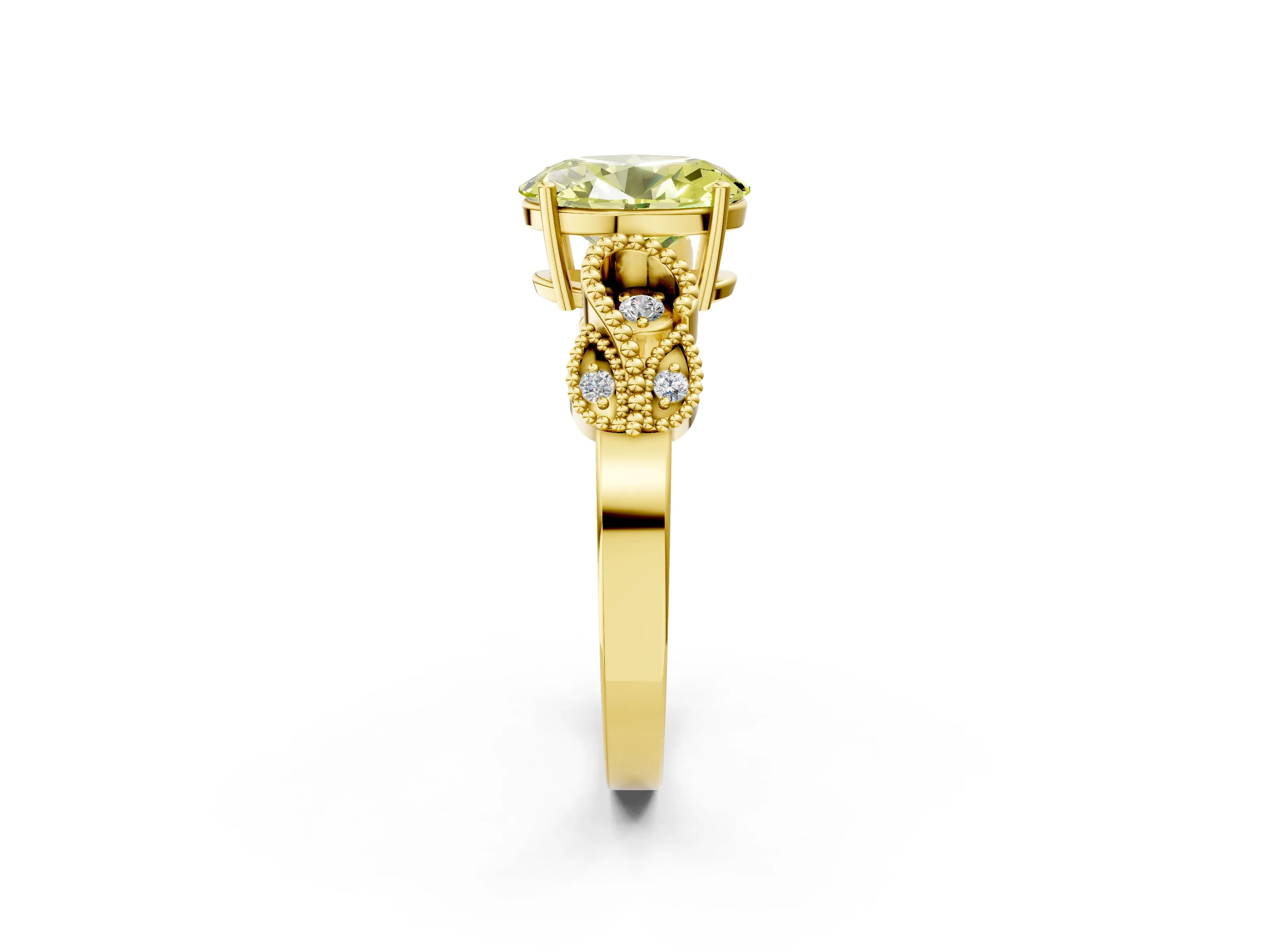 Yellow gold Fancy Yellow Oval Cut Solitaire Milgrain Leaf Band with Prong Setting_2