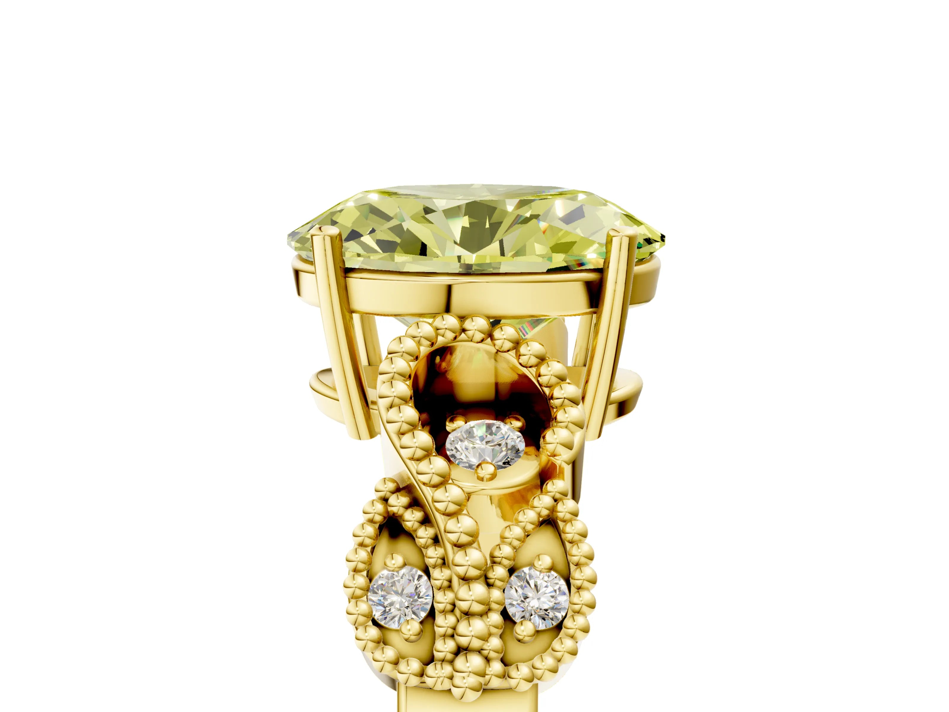 Yellow gold Fancy Yellow Oval Cut Solitaire Milgrain Leaf Band with Prong Setting_5