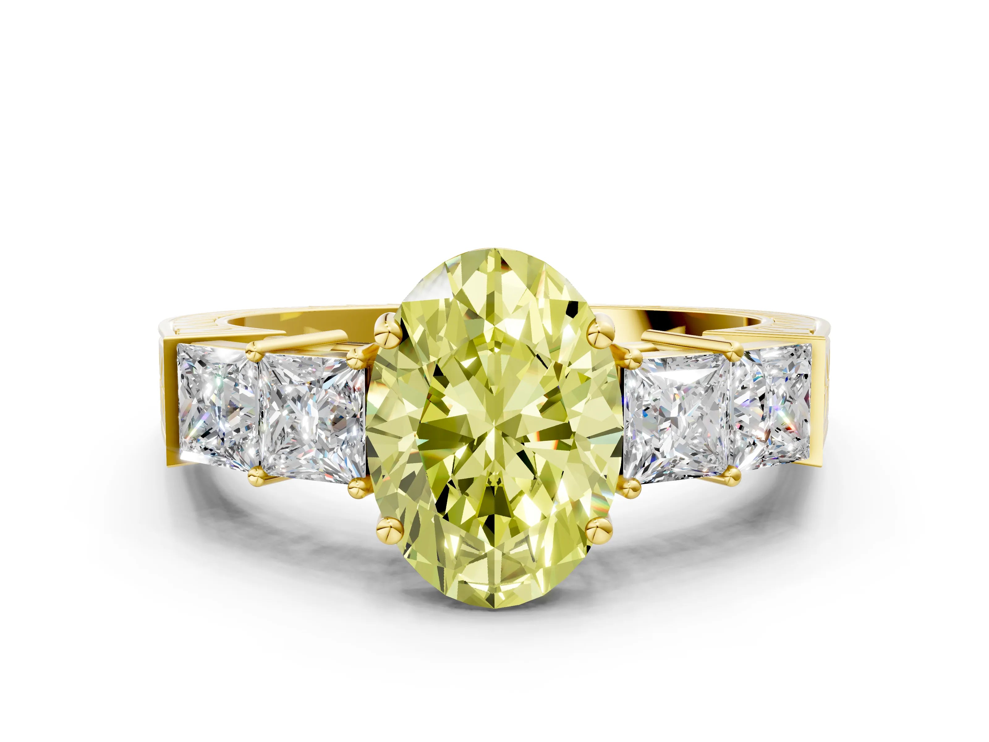 Yellow gold Fancy Yellow Oval Cut Solitaire Princess Side Stone Engraved Band Prong Setting Ring