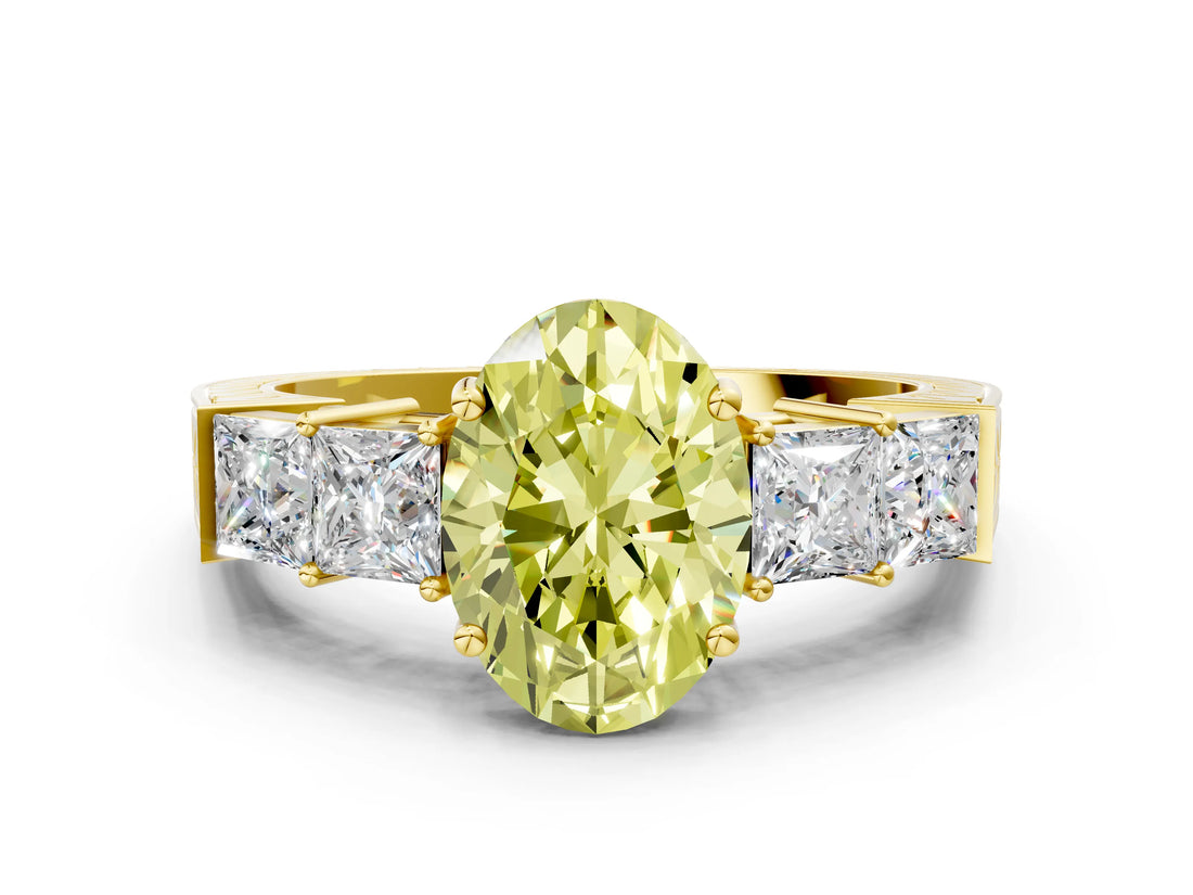 Yellow gold Fancy Yellow Oval Cut Solitaire Princess Side Stone Engraved Band Prong Setting Ring