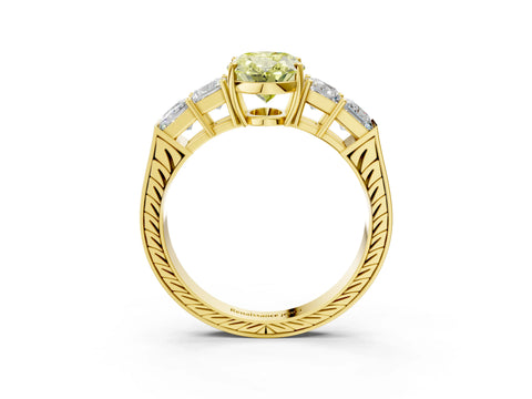 Yellow gold Fancy Yellow Oval Cut Solitaire Princess Side Stone Engraved Band Prong Setting Ring_3