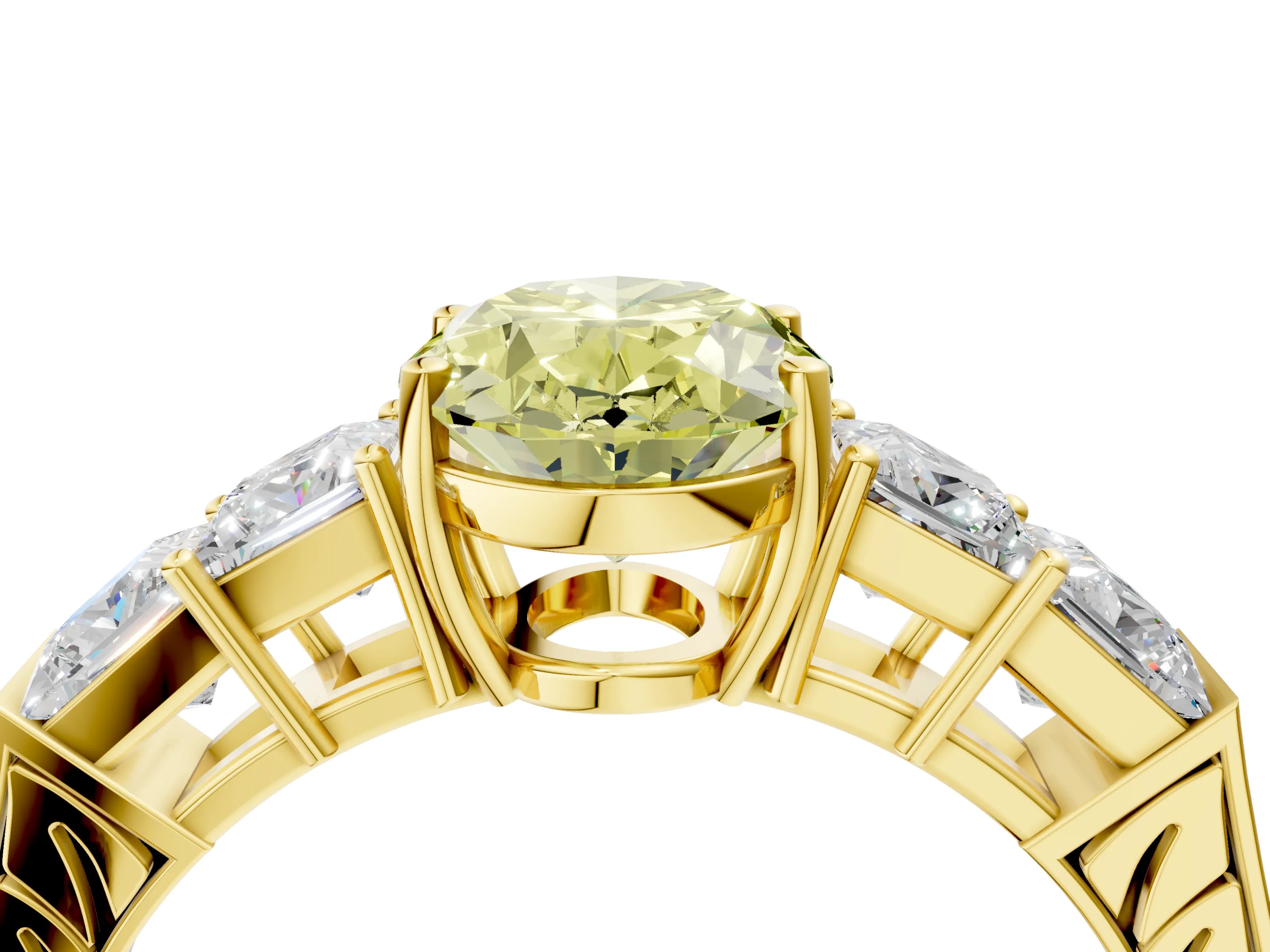 Yellow gold Fancy Yellow Oval Cut Solitaire Princess Side Stone Engraved Band Prong Setting Ring_4