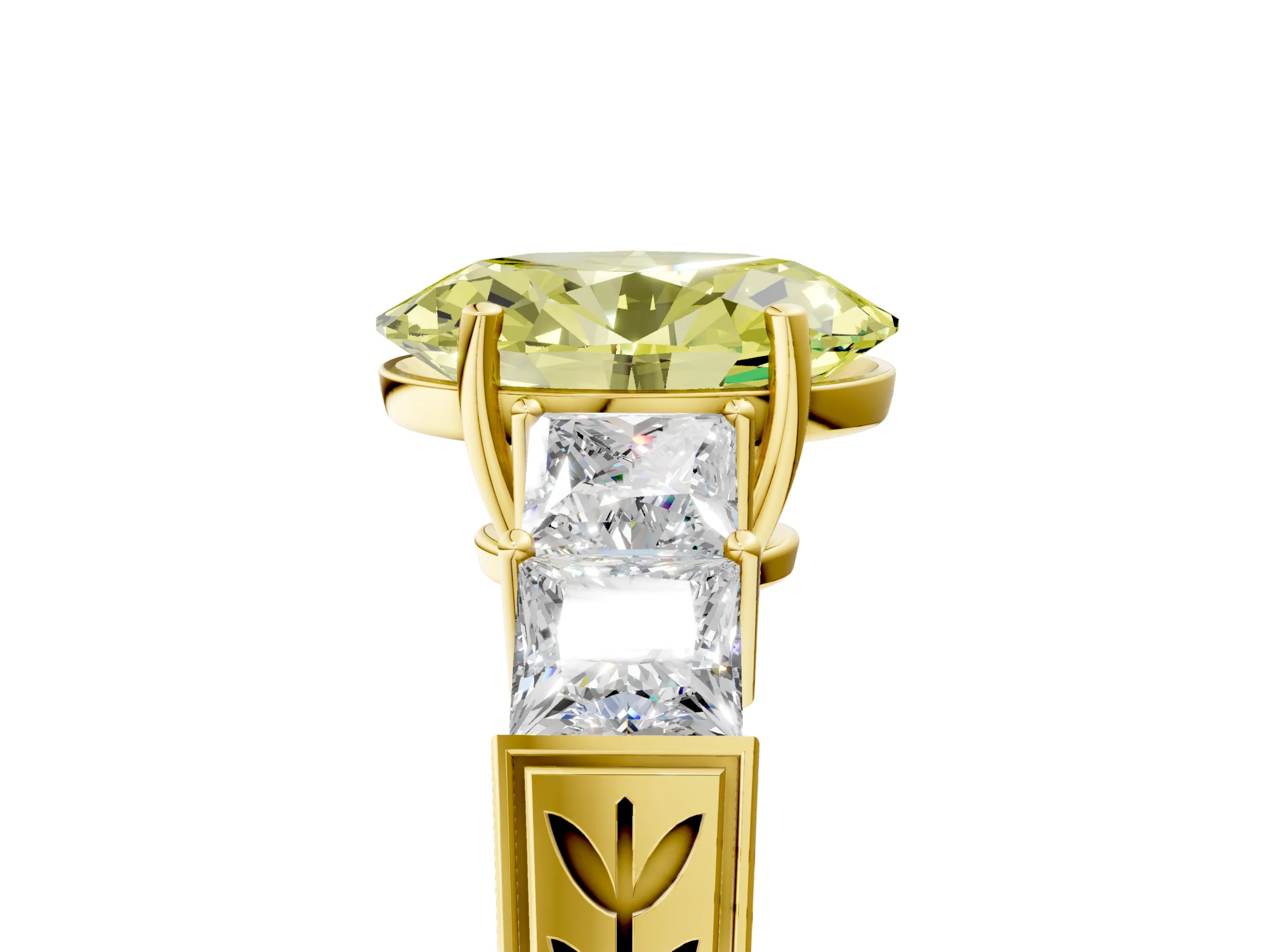 Yellow gold Fancy Yellow Oval Cut Solitaire Princess Side Stone Engraved Band Prong Setting Ring_5