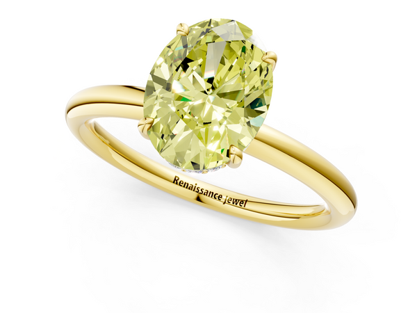 Yellow gold Fancy Yellow Oval Cut Diamond Solitaire Ring with Thin Band and Four-Prong Setting