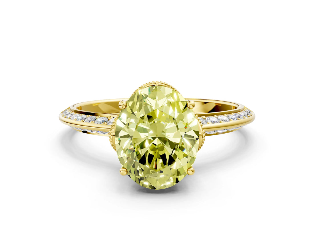 Yellow gold Fancy Yellow Oval Cut Solitaire Split Shank Pave Diamond Engagement Ring with Four-Prong Setting