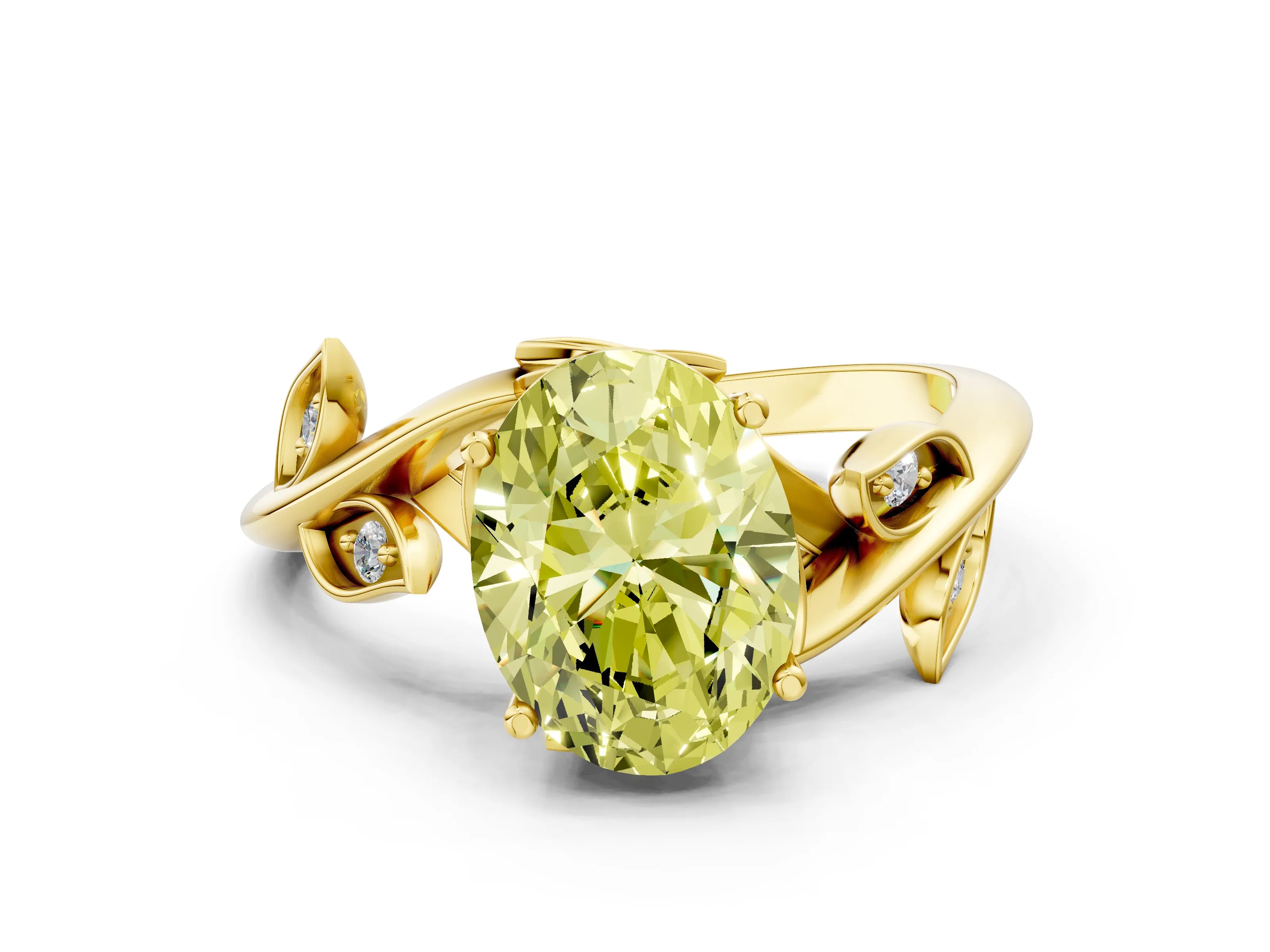 Yellow gold Fancy Yellow Oval Cut Solitaire Twist Engagement Ring with Leaf Accents and Prong Setting_12