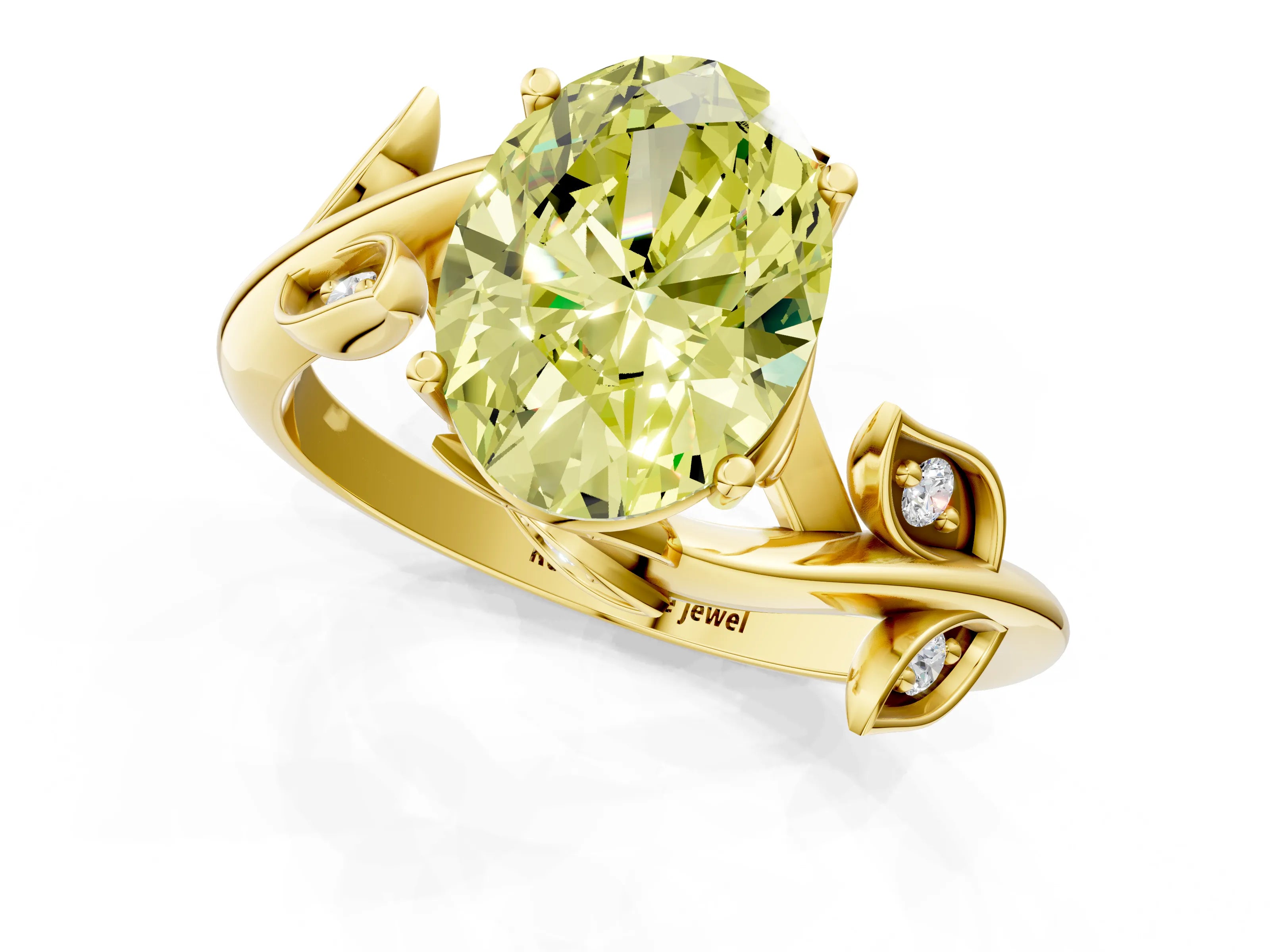 Yellow gold Fancy Yellow Oval Cut Solitaire Twist Engagement Ring with Leaf Accents and Prong Setting_13