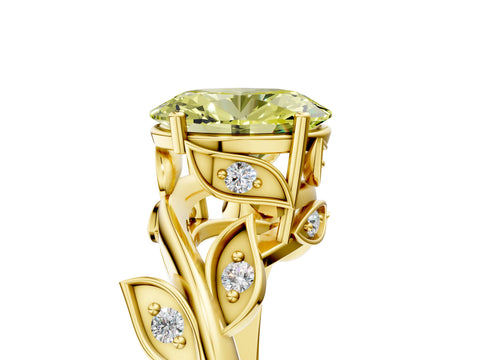 Yellow gold Fancy Yellow Oval Cut Solitaire Twist Engagement Ring with Leaf Accents and Prong Setting_17