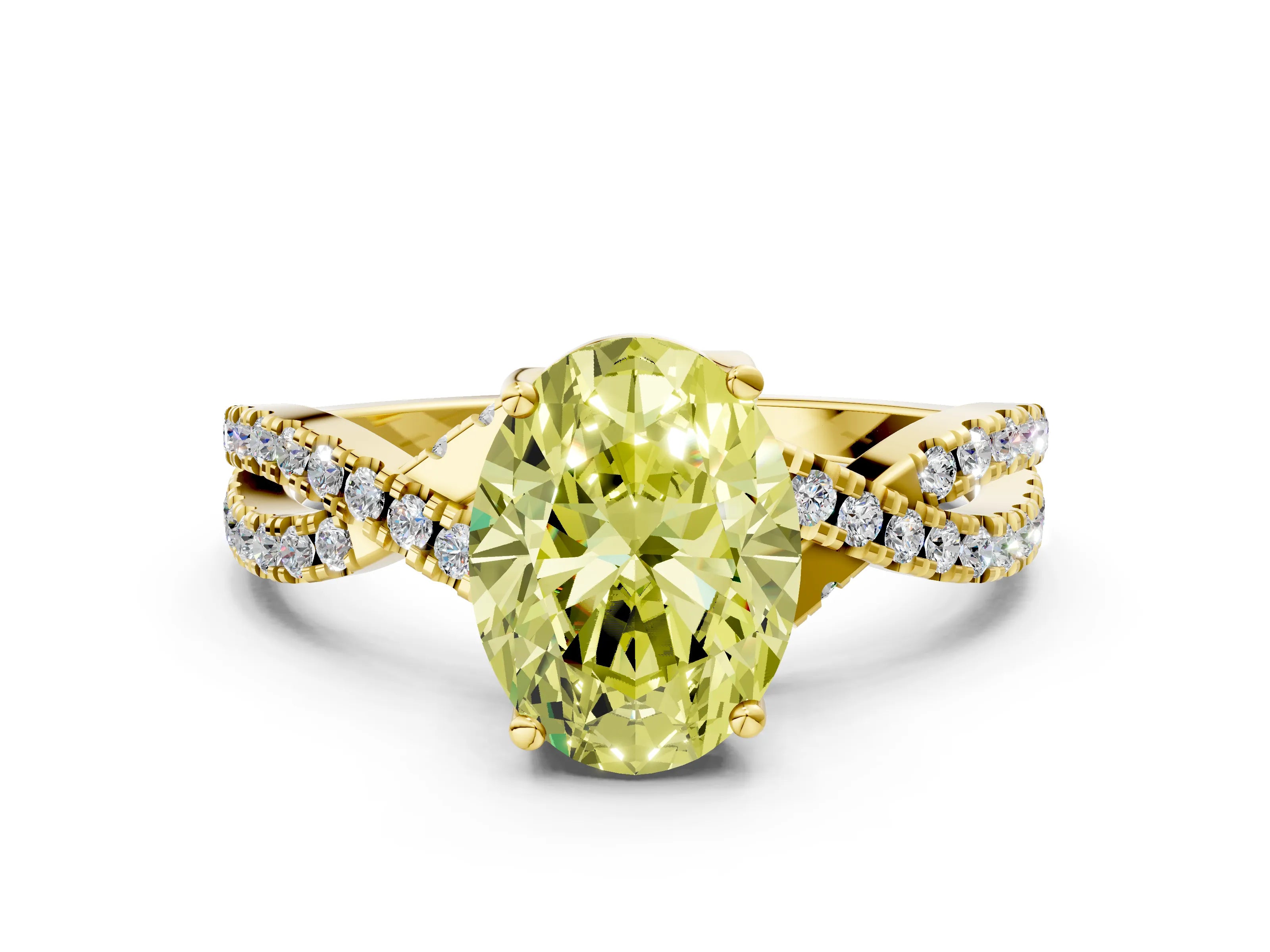 Yellow gold Fancy Yellow Oval Cut Solitaire Twist Pave Diamond Engagement Ring with Prong Setting