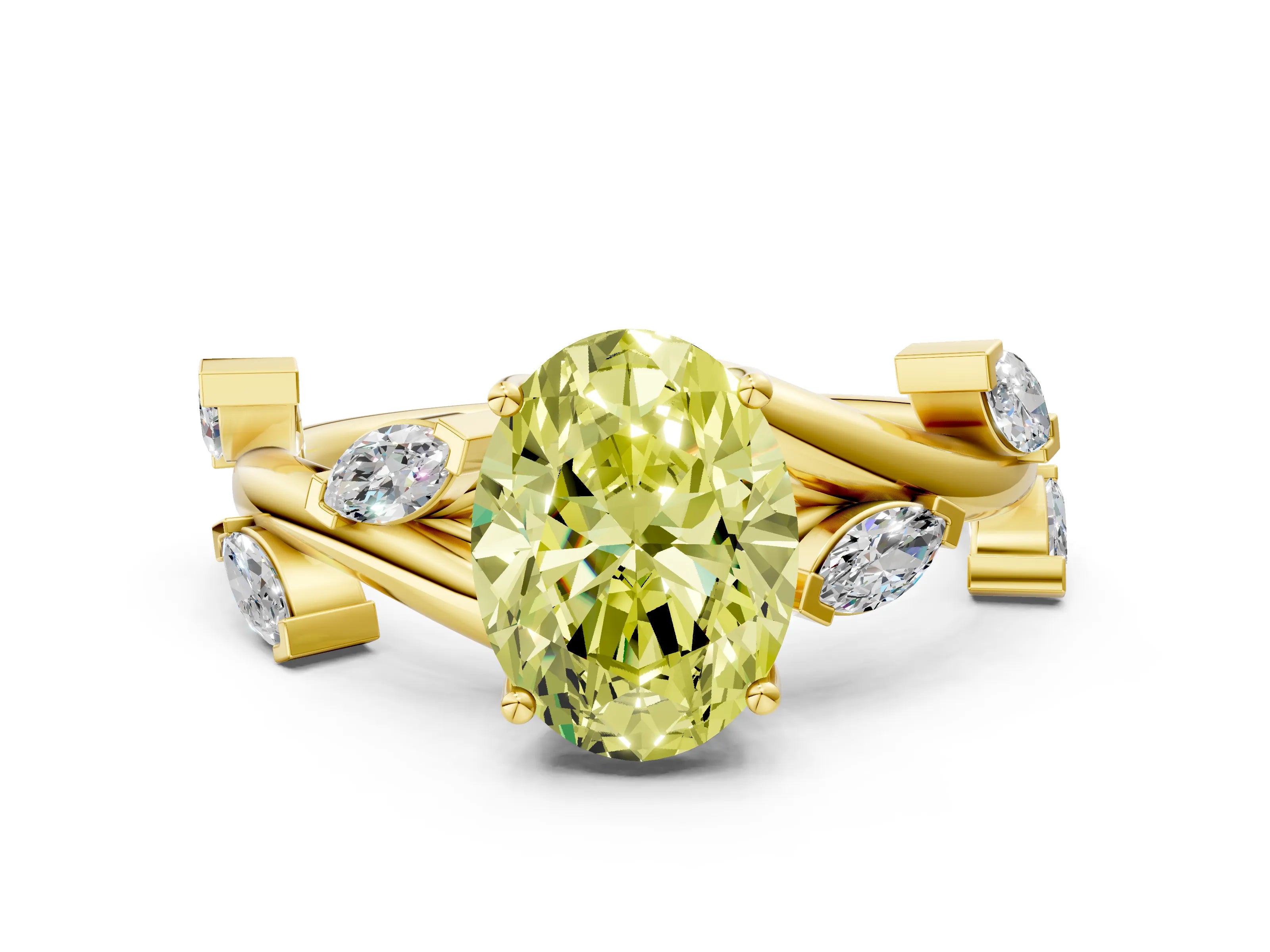 Yellow gold Fancy Yellow Oval Cut Solitaire Twisted Band Marquise Accent Prong Setting Ring