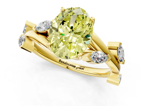 Yellow gold Fancy Yellow Oval Cut Solitaire Twisted Band Marquise Accent Prong Setting Ring_1