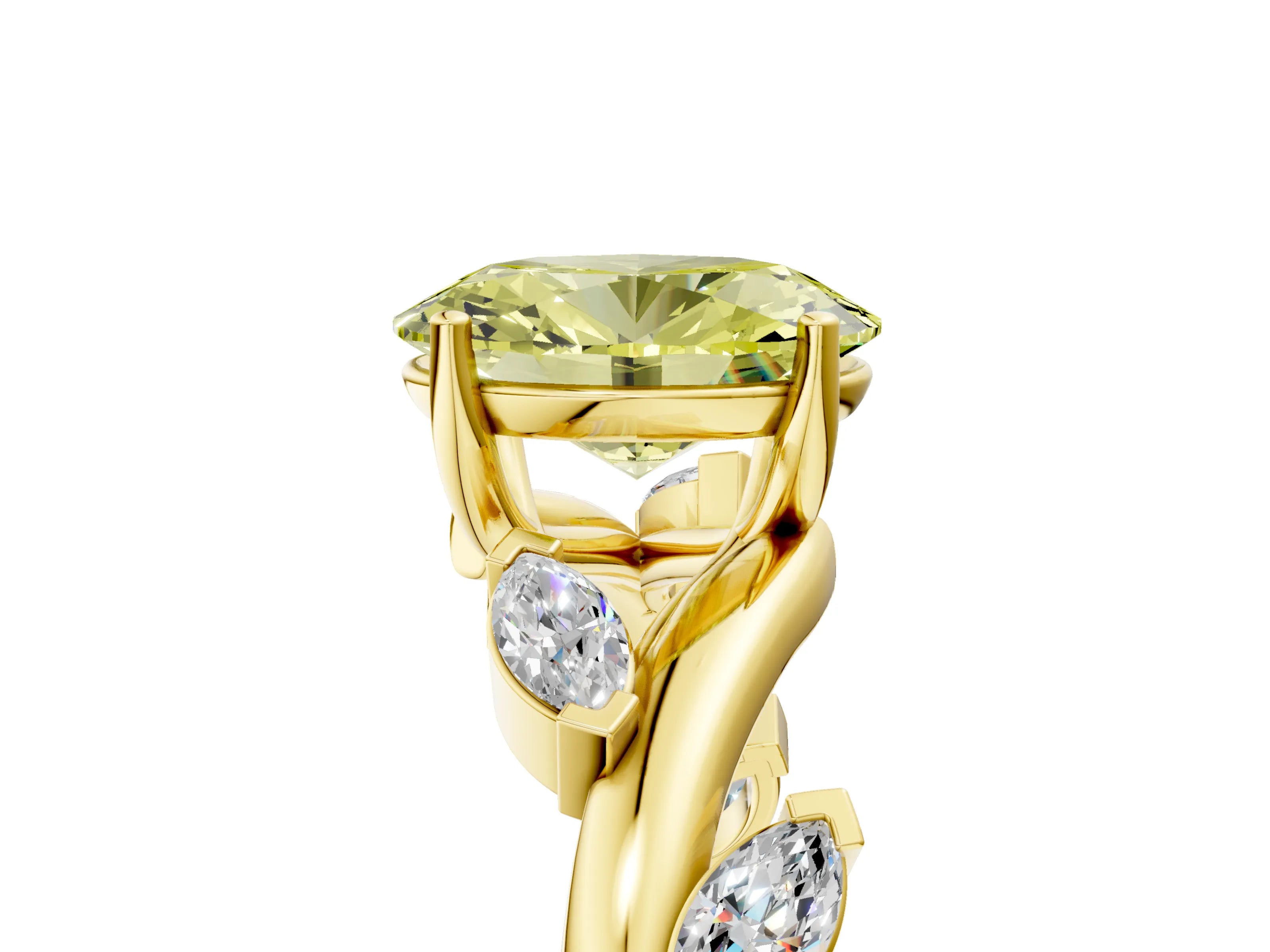 Yellow gold Fancy Yellow Oval Cut Solitaire Twisted Band Marquise Accent Prong Setting Ring_5