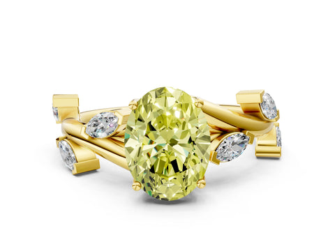 Yellow gold Fancy Yellow Oval Cut Solitaire Twisted Band Marquise Accent Prong Setting Ring