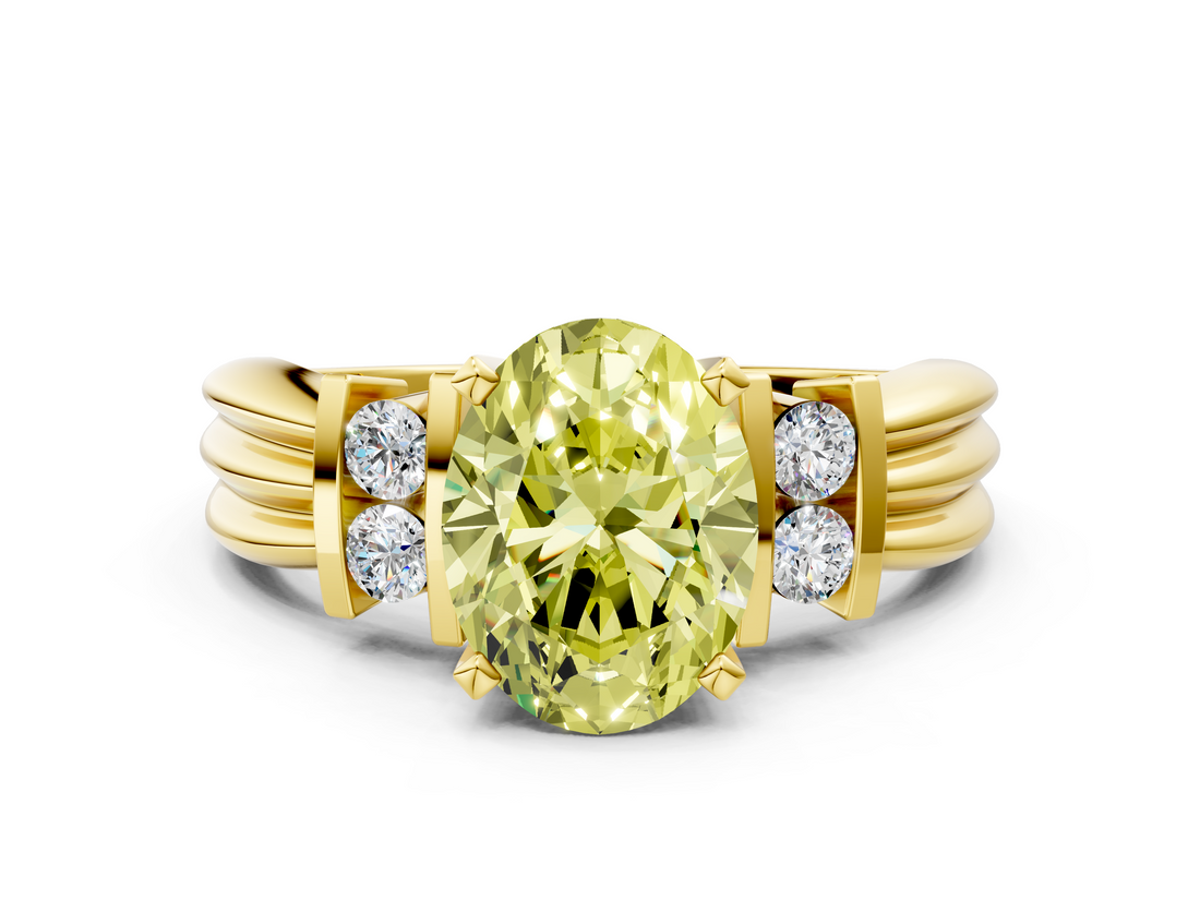 Yellow gold Fancy Yellow Oval  Cut Three-Stone Channel Set Ring with Bar Prongs_47
