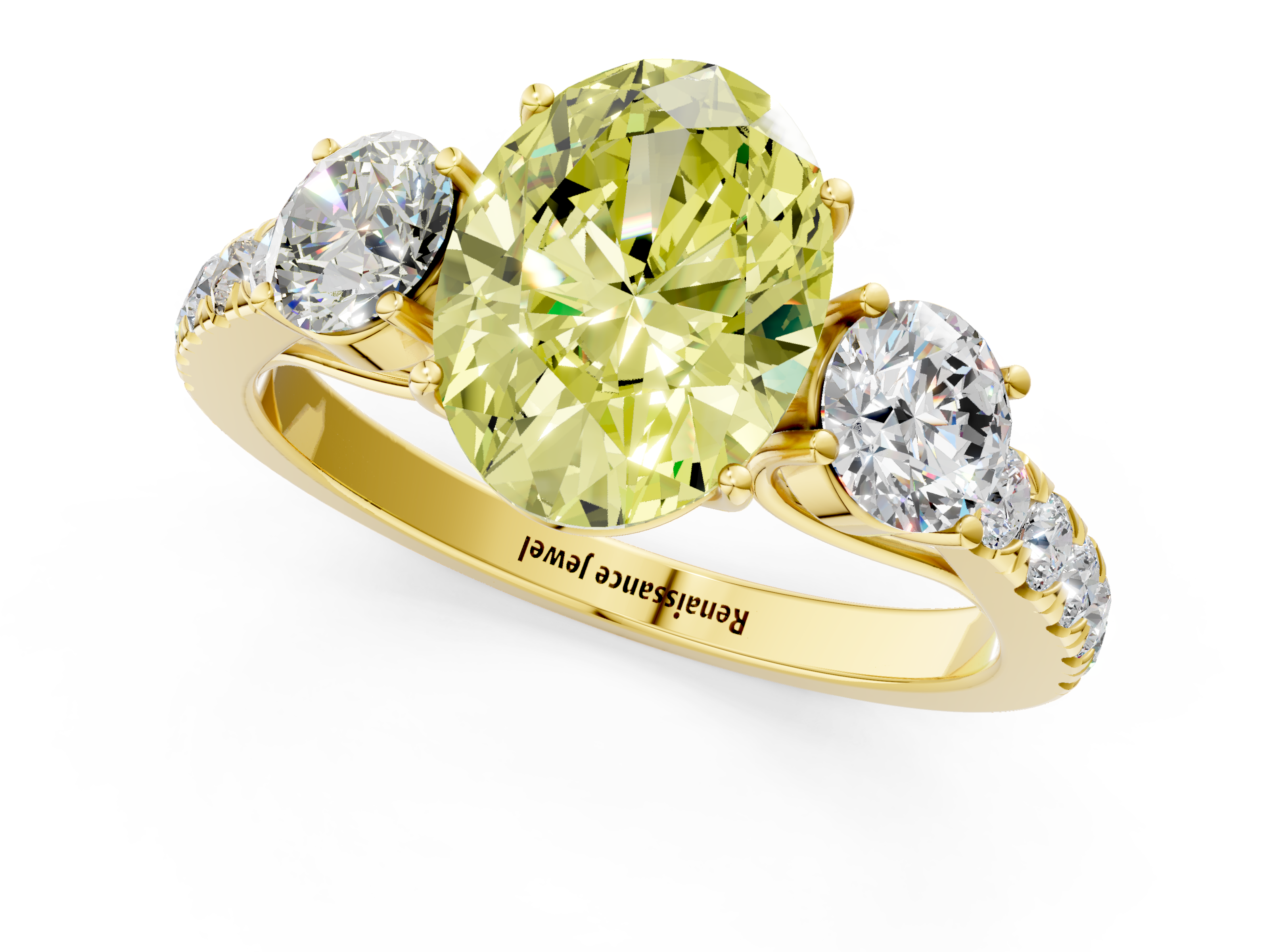 Yellow gold Fancy Yellow Oval  Cut Three-Stone Diamond Pave Band with Prong Setting_38