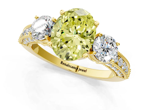 Yellow gold Fancy Yellow Oval Cut Three-Stone Diamond Ring with Pavé Band and Four-Prong Setting_1