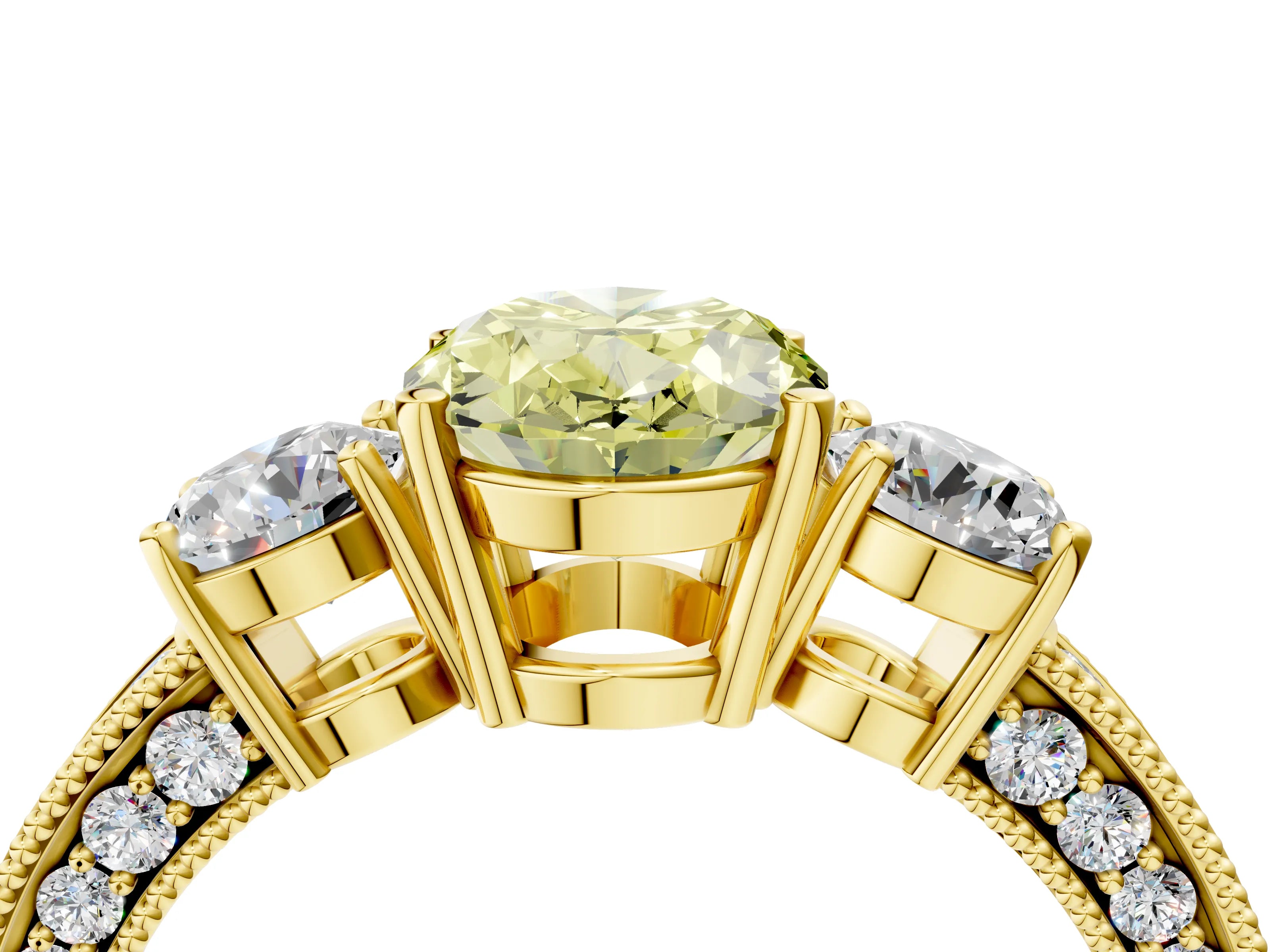 Yellow gold Fancy Yellow Oval Cut Three-Stone Diamond Ring with Pavé Band and Four-Prong Setting_4