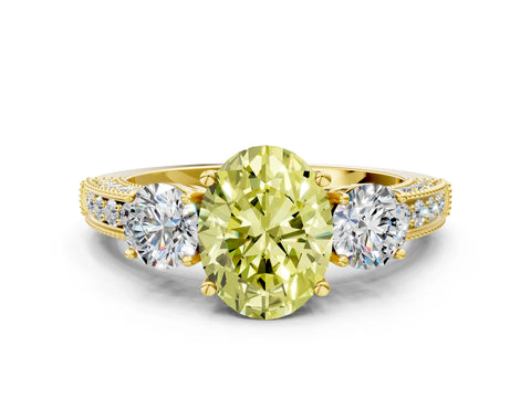 Yellow gold Fancy Yellow Oval Cut Three-Stone Diamond Ring with Pavé Band and Four-Prong Setting