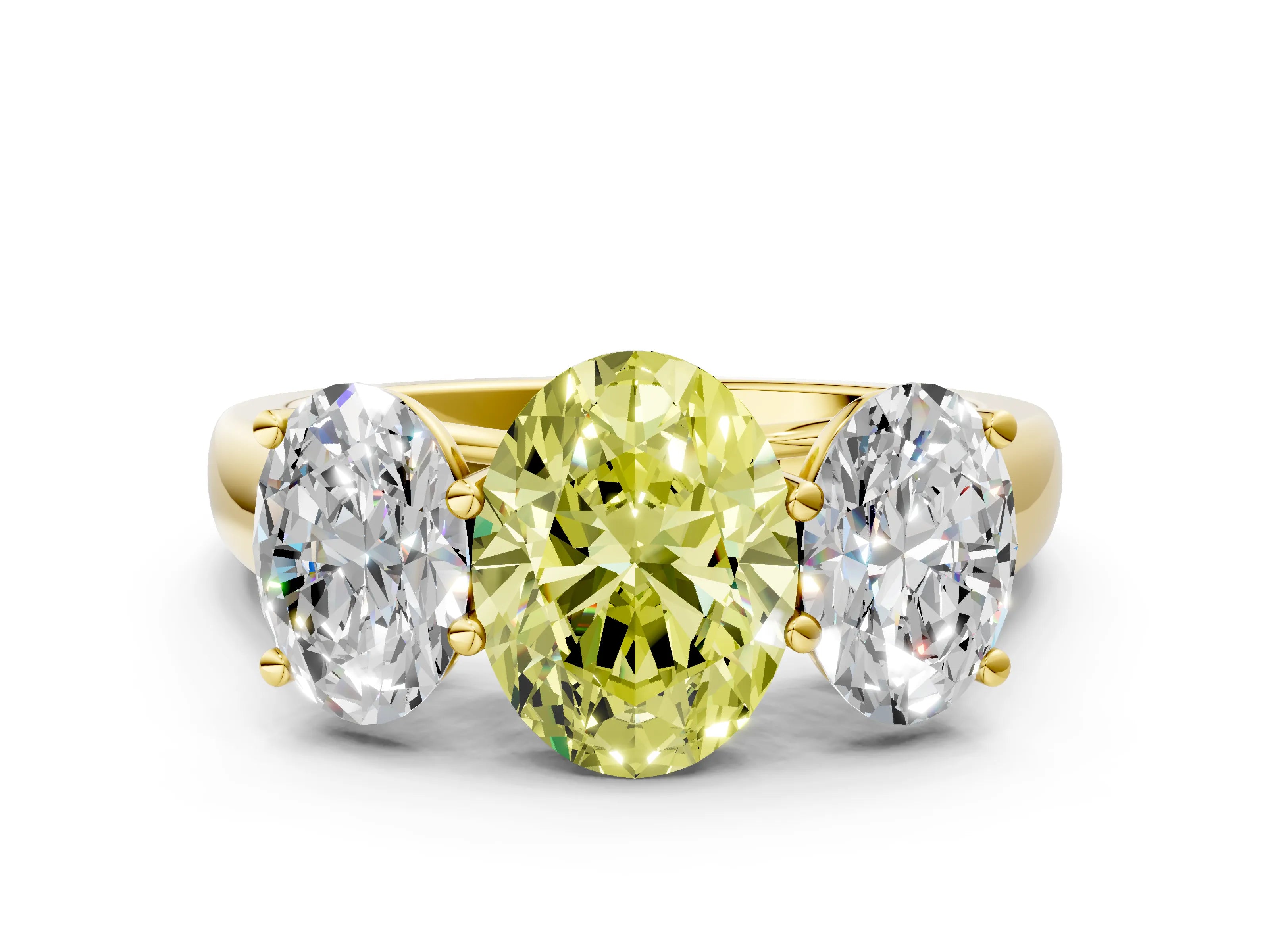 Yellow gold Fancy Yellow Oval Cut Three-Stone Diamond Ring with Prong Setting on a Classic Band