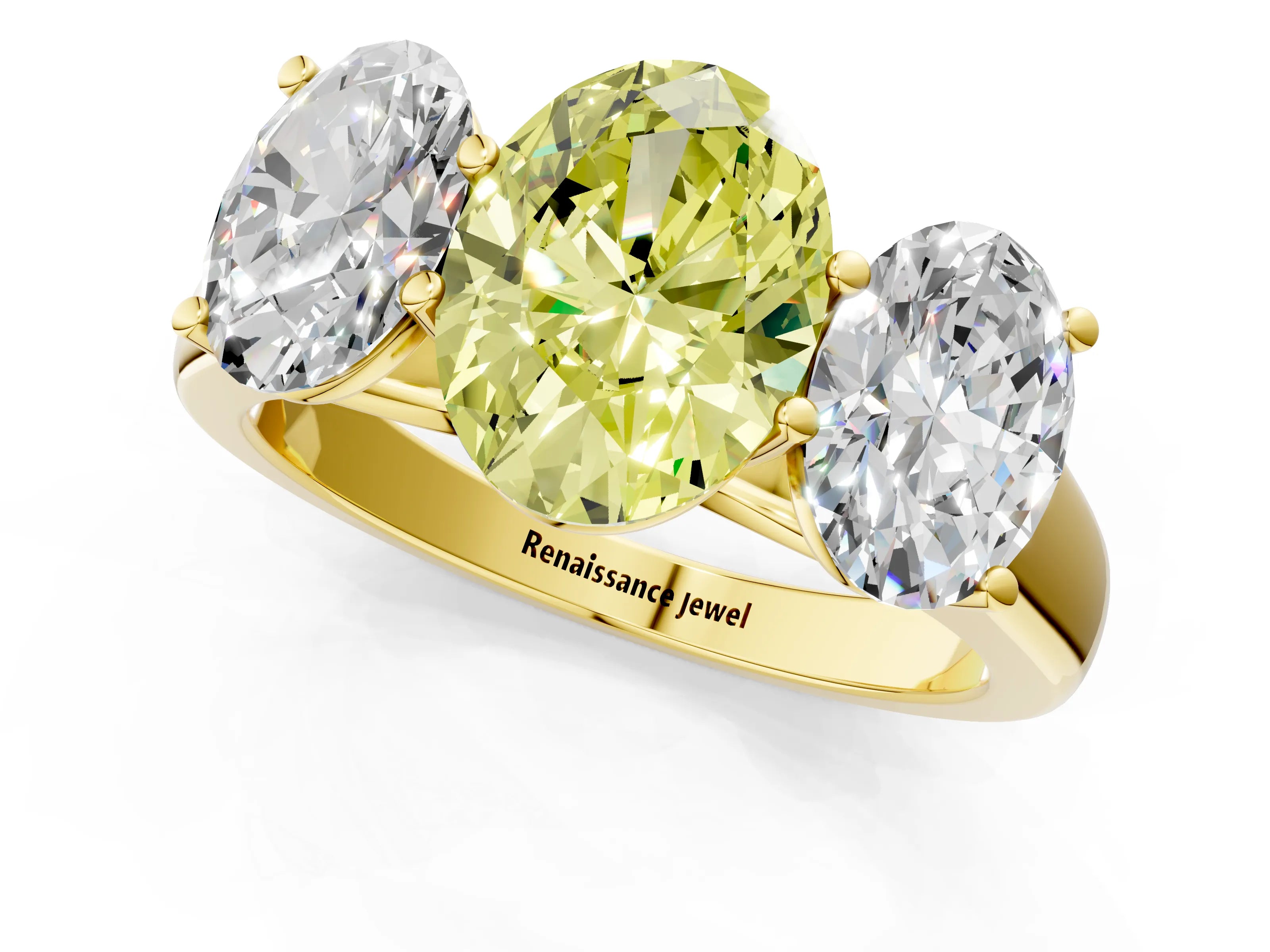 Yellow gold Fancy Yellow Oval Cut Three-Stone Diamond Ring with Prong Setting on a Classic Band_1