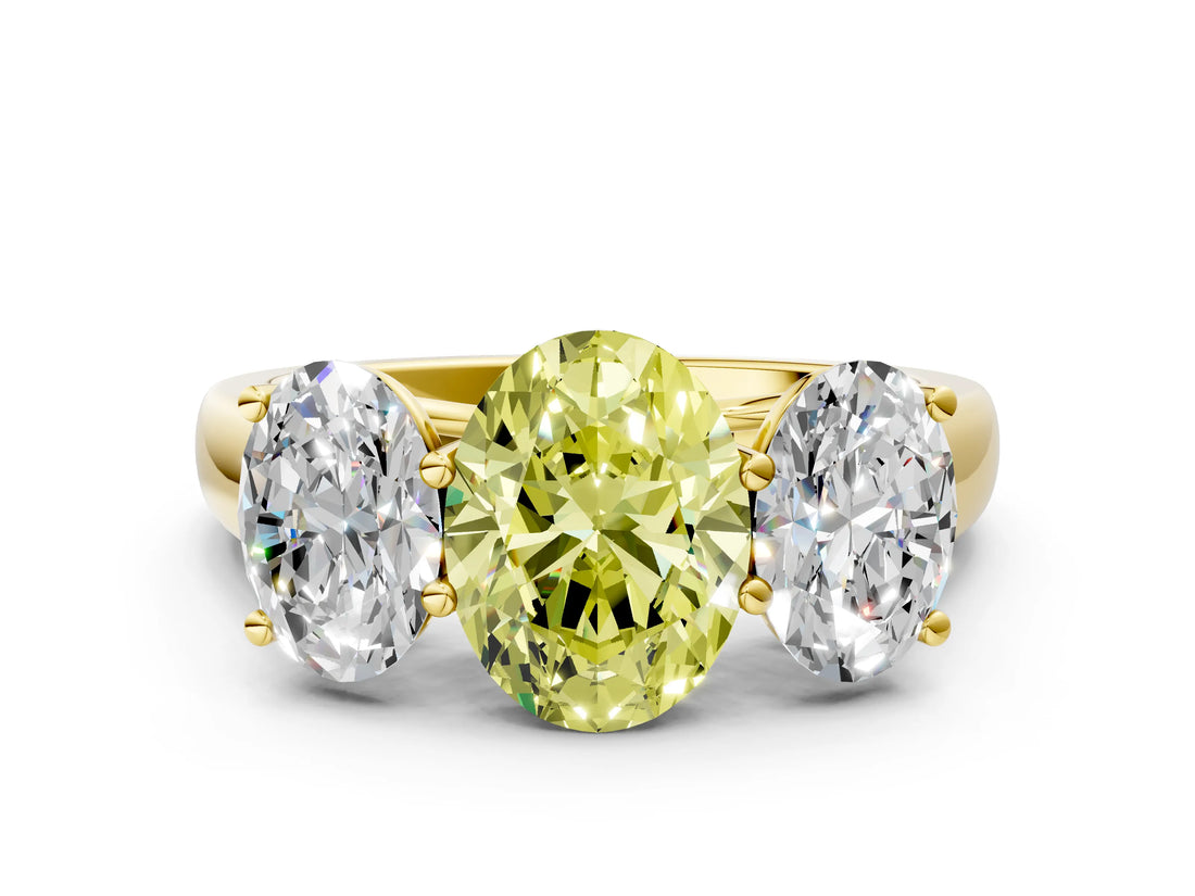 Yellow gold Fancy Yellow Oval Cut Three-Stone Diamond Ring with Prong Setting on a Classic Band_12