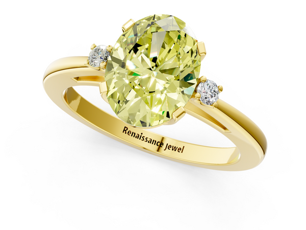 Yellow gold Fancy Yellow Oval  Cut Three-Stone Solitaire Ring with Round Accent Diamonds and Four-Prong Setting