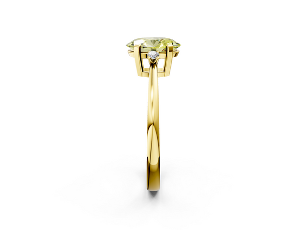 Yellow gold Fancy Yellow Oval  Cut Three-Stone Solitaire Ring with Round Accent Diamonds and Four-Prong Setting