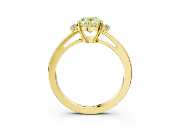 Yellow gold Fancy Yellow Oval  Cut Three-Stone Solitaire Ring with Round Accent Diamonds and Four-Prong Setting