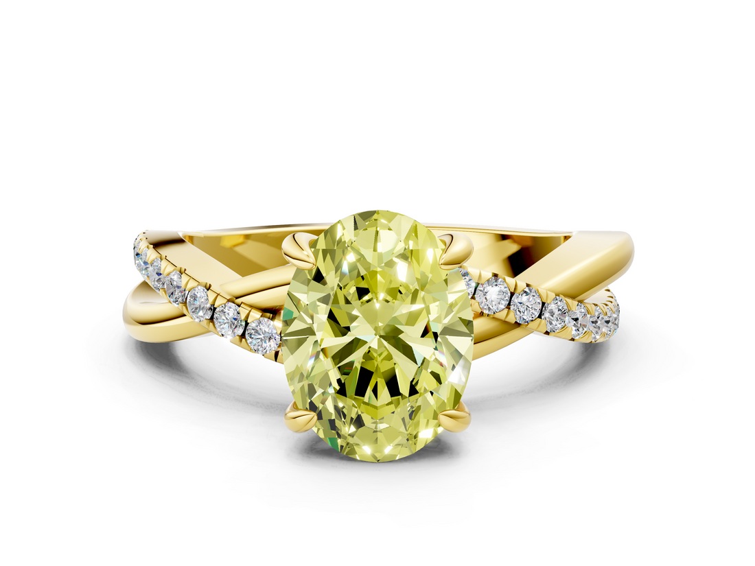 Yellow gold Fancy Yellow Oval  Cut Twist Band Solitaire Diamond Ring with Pavé Setting_3