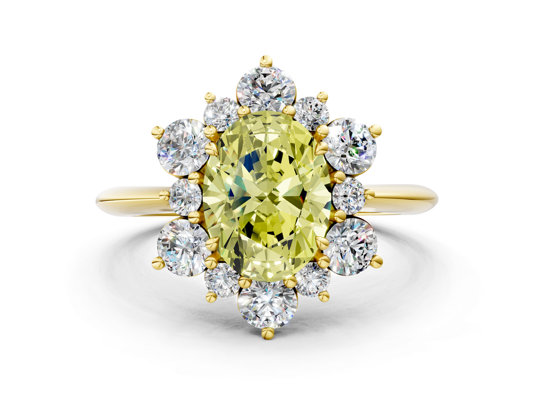Yellow gold Fancy Yellow Oval  Diamond Cluster Halo Ring with Solitaire Band and Four-Prong Setting_20