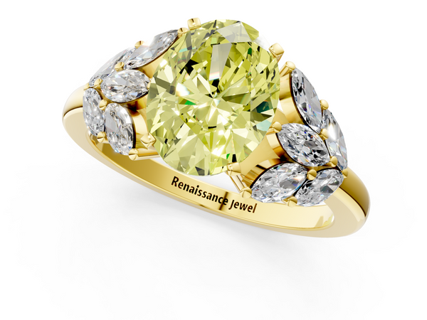 Yellow Gold Oval Cluster Leaf Engagement Ring Setting for Fancy Yellow Center with Marquise Accents