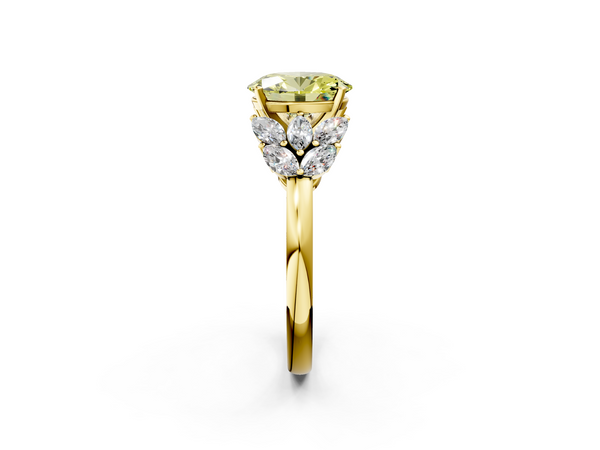 Yellow Gold Oval Cluster Leaf Engagement Ring Setting for Fancy Yellow Center with Marquise Accents