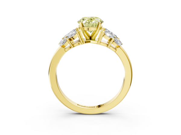 Yellow Gold Oval Cluster Leaf Engagement Ring Setting for Fancy Yellow Center with Marquise Accents