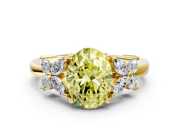 Yellow gold Fancy Yellow Oval  Diamond Floral Cluster Ring with Solitaire Band and Prong Setting