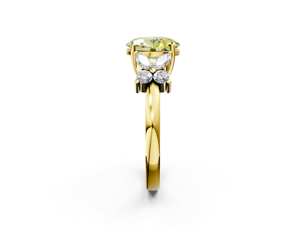 Yellow gold Fancy Yellow Oval  Diamond Floral Cluster Ring with Solitaire Band and Prong Setting
