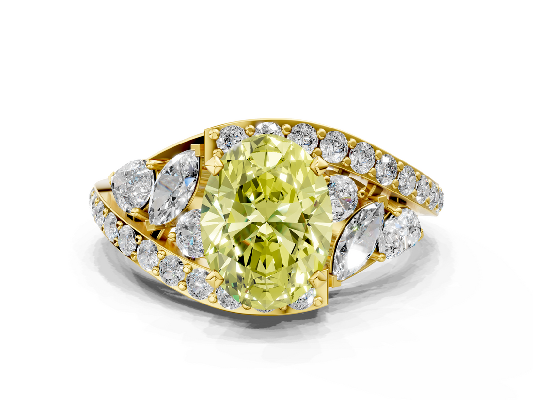 Yellow gold Fancy Yellow Oval  Diamond Halo Ring with Marquise and Pavé Band in Prong Setting_71