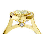 Yellow gold Fancy Yellow Oval  Diamond Halo Ring with Milgrain Frame and Pavé Band_64