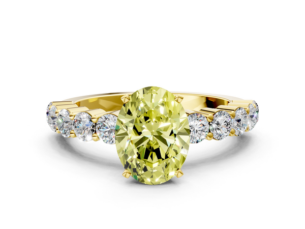 Yellow gold Fancy Yellow Oval  Diamond Solitaire Ring with Shared Prong Round Side Stones