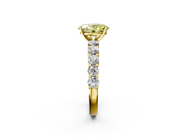 Yellow gold Fancy Yellow Oval  Diamond Solitaire Ring with Shared Prong Round Side Stones