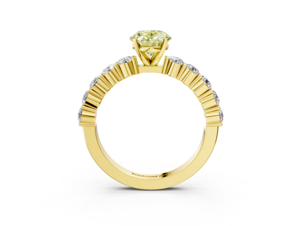 Yellow gold Fancy Yellow Oval  Diamond Solitaire Ring with Shared Prong Round Side Stones