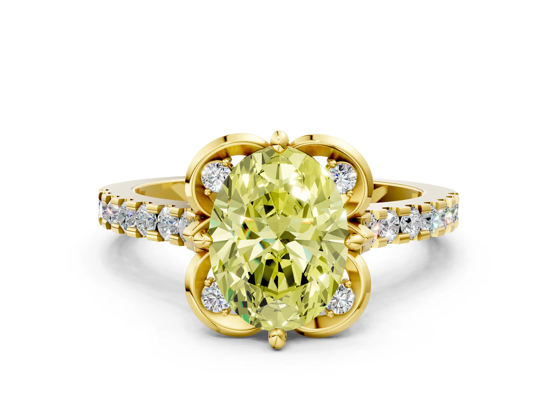 Yellow gold Fancy Yellow Oval  Diamond Pave Band with Floral Prong Setting_27