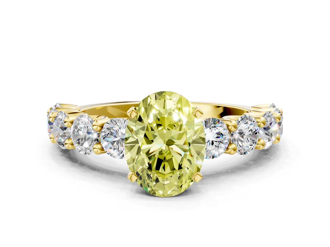 Yellow gold Fancy Yellow Oval  Diamond Prong Setting with Side Stones on a Pave Band_133