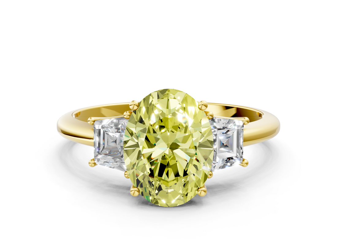 Yellow gold Fancy Yellow Oval  Diamond Three-Stone Ring with Trapezoid Side Stones and Prong Setting_16