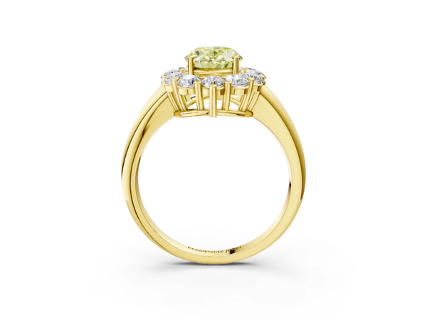 Yellow gold Fancy Yellow Oval  Halo Cluster Diamond Engagement Ring with Prong Setting and Polished Band
