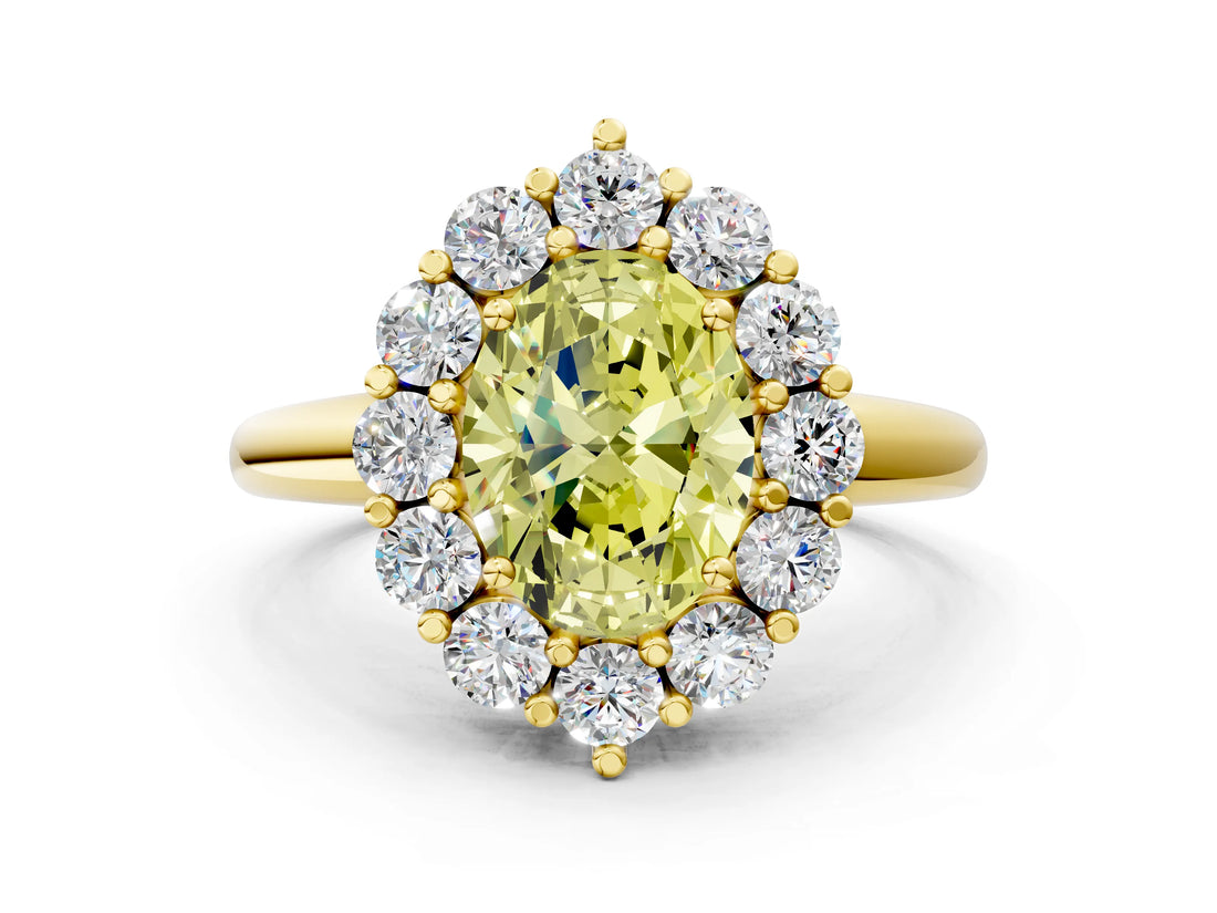 Yellow gold Fancy Yellow Oval  Halo Cluster Diamond Engagement Ring with Prong Setting and Polished Band_99